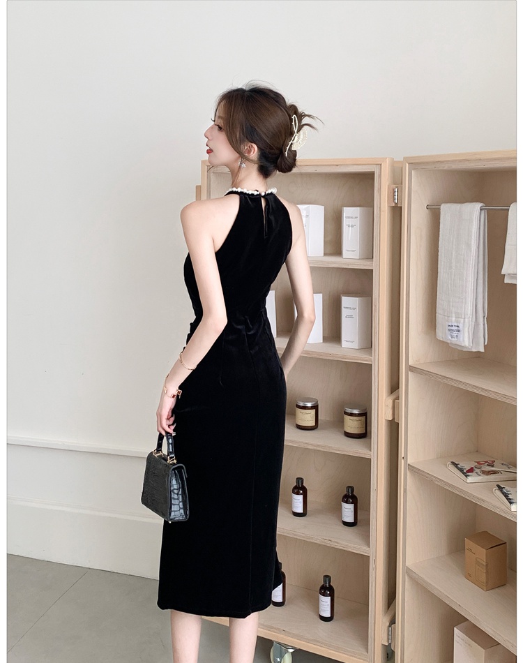 Halter niche long dress fold dress for women