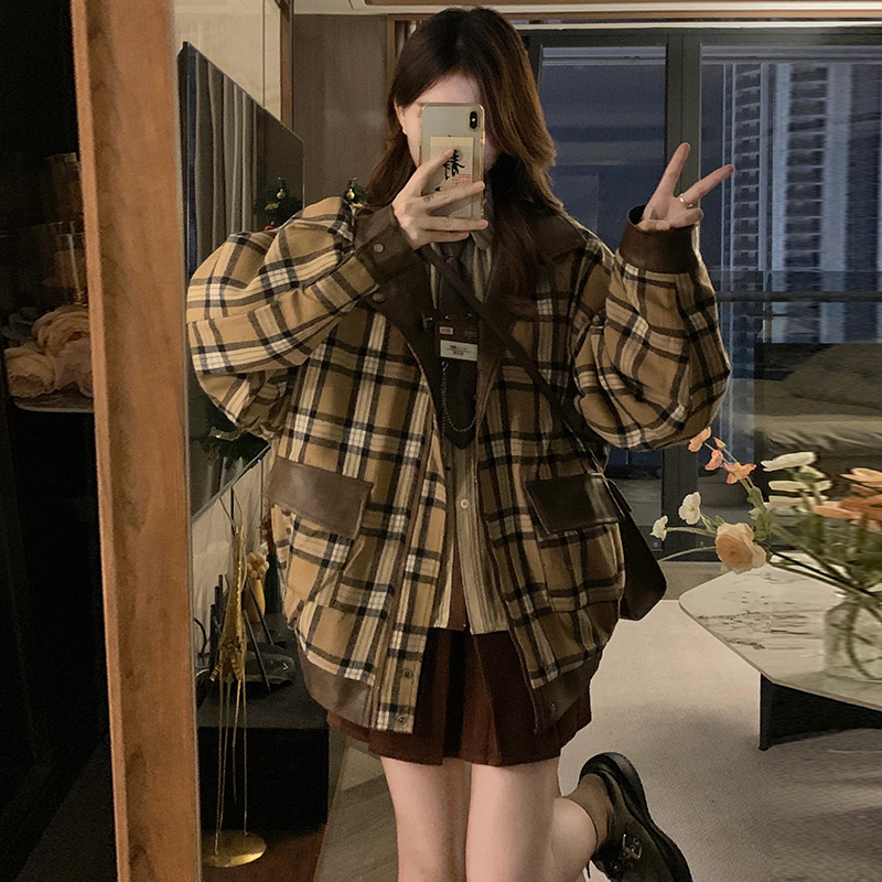 American style plaid coat wear splice jacket