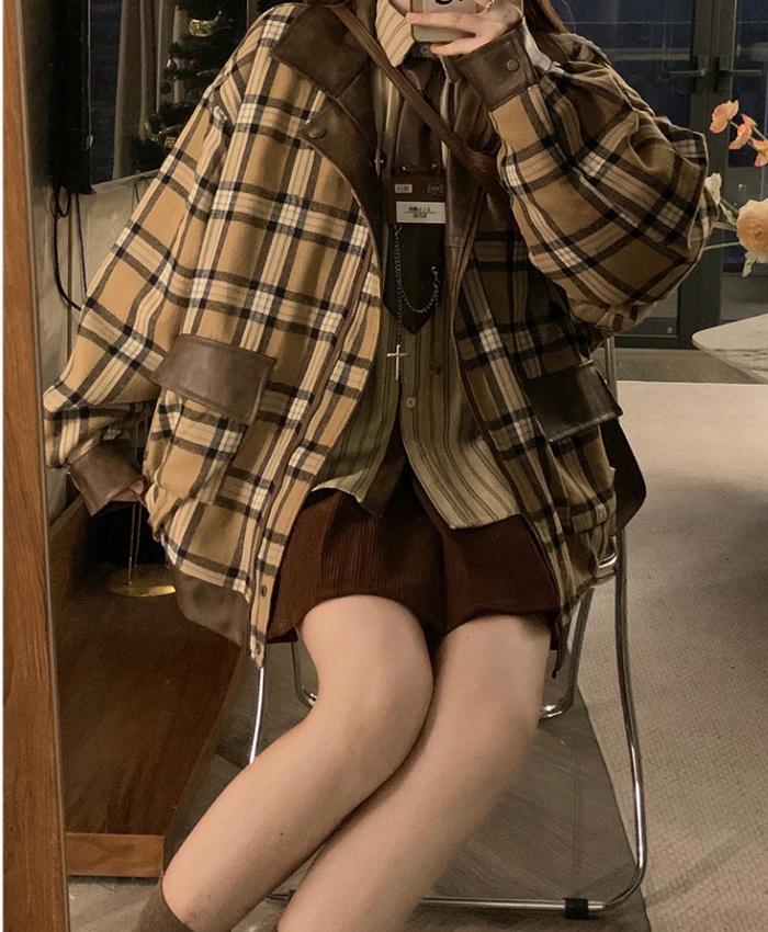 American style plaid coat wear splice jacket