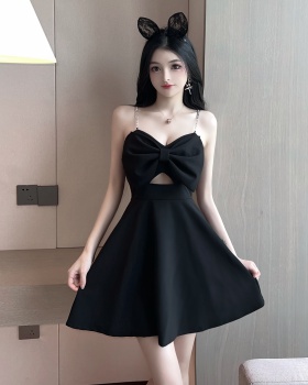 Low-cut A-line France style wrapped chest slim bow dress