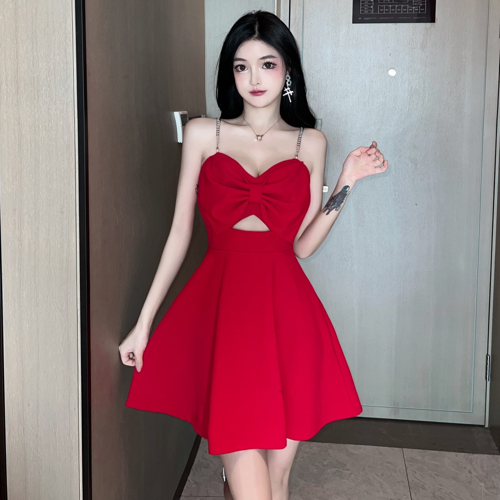 Low-cut A-line France style wrapped chest slim bow dress