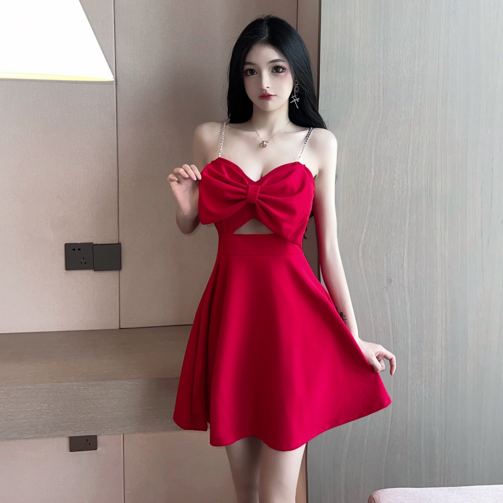 Low-cut A-line France style wrapped chest slim bow dress