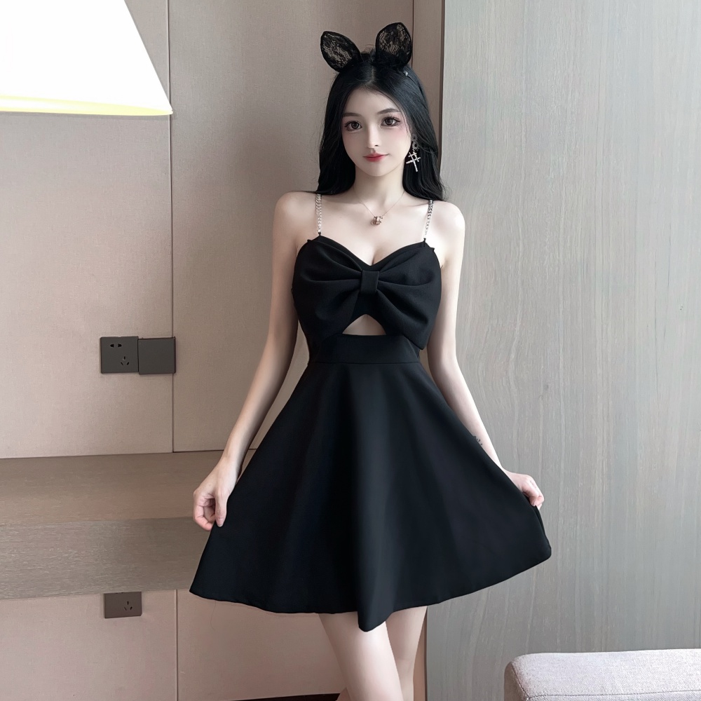 Low-cut A-line France style wrapped chest slim bow dress