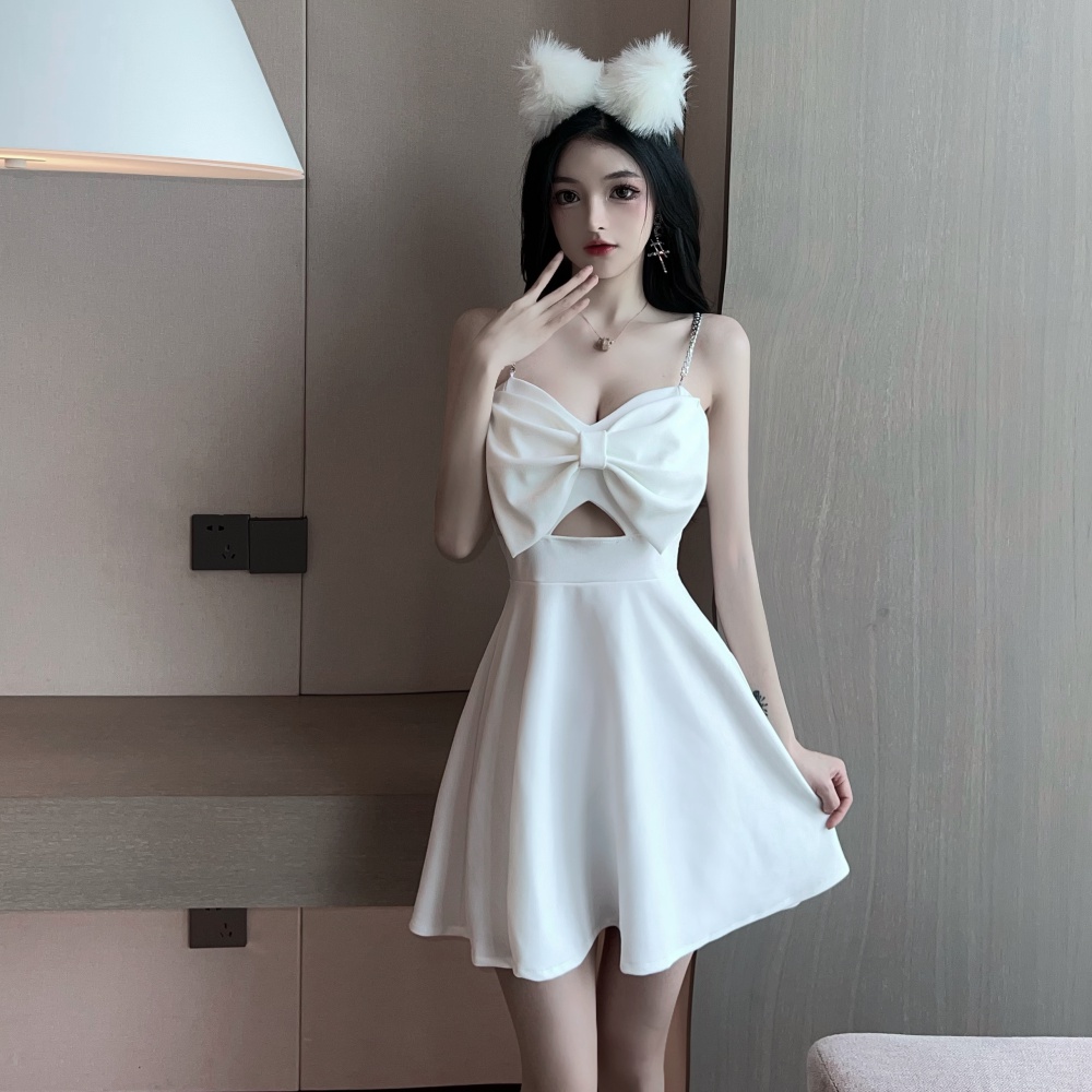 Low-cut A-line France style wrapped chest slim bow dress