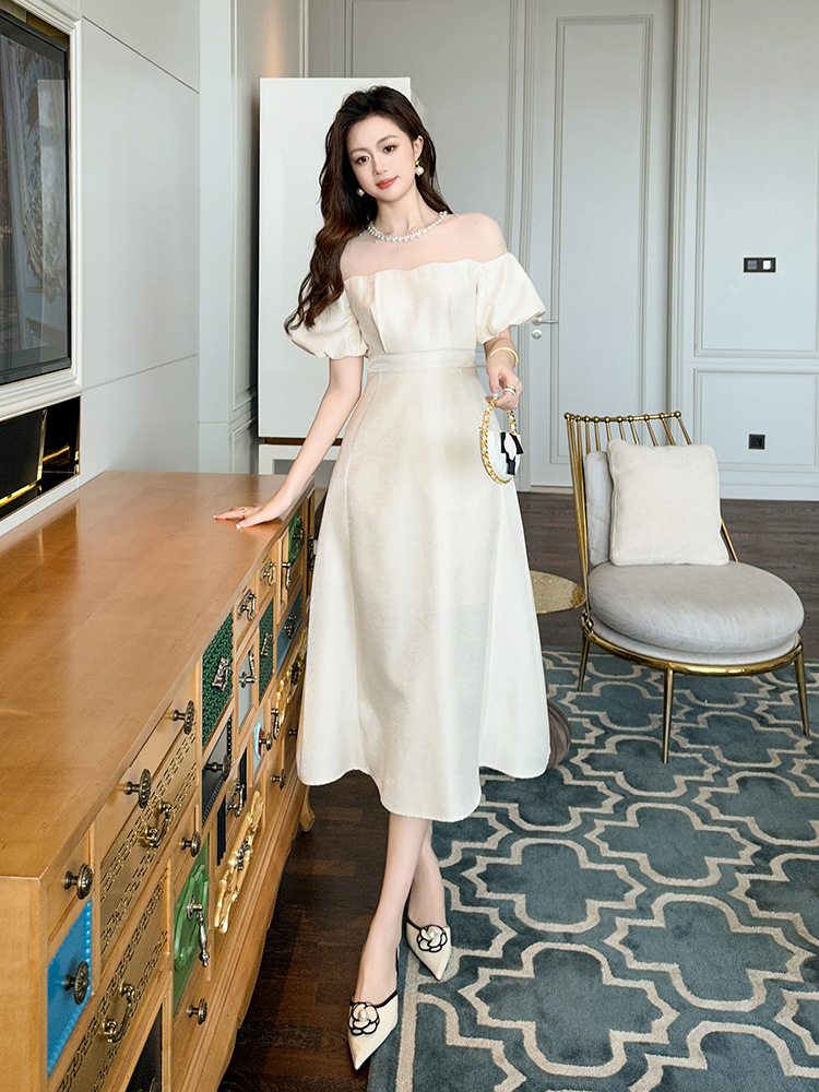 Puff sleeve summer long dress pinched waist dress