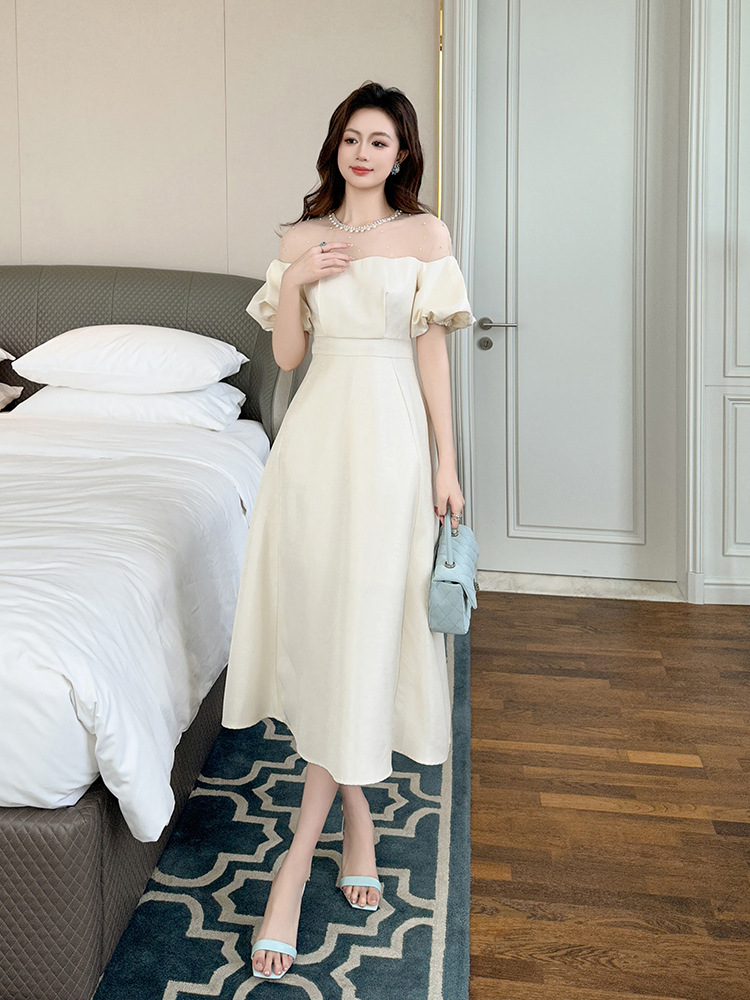 Puff sleeve summer long dress pinched waist dress