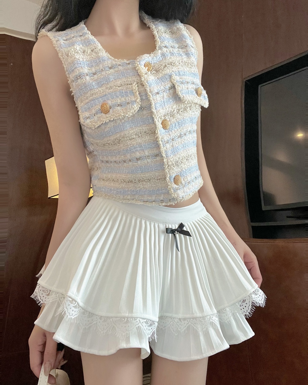 Bow white high waist France style short skirt