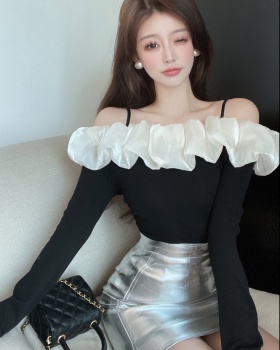 Lotus leaf edges fashion mixed colors horizontal collar tops