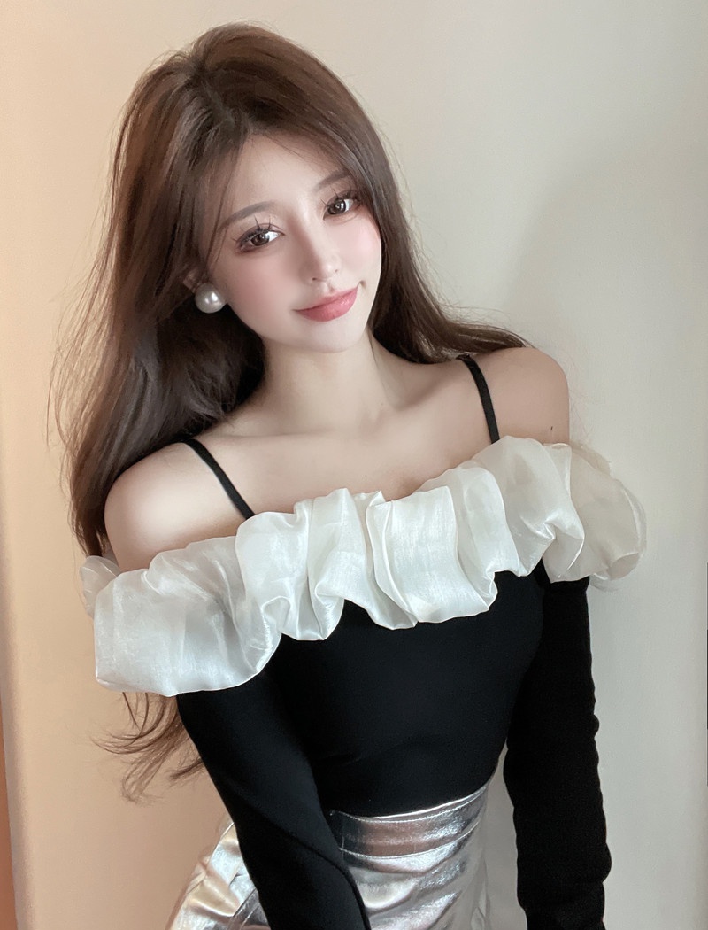 Lotus leaf edges fashion mixed colors horizontal collar tops