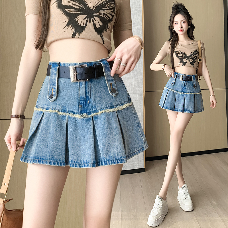 High waist pleated skirt denim short skirt