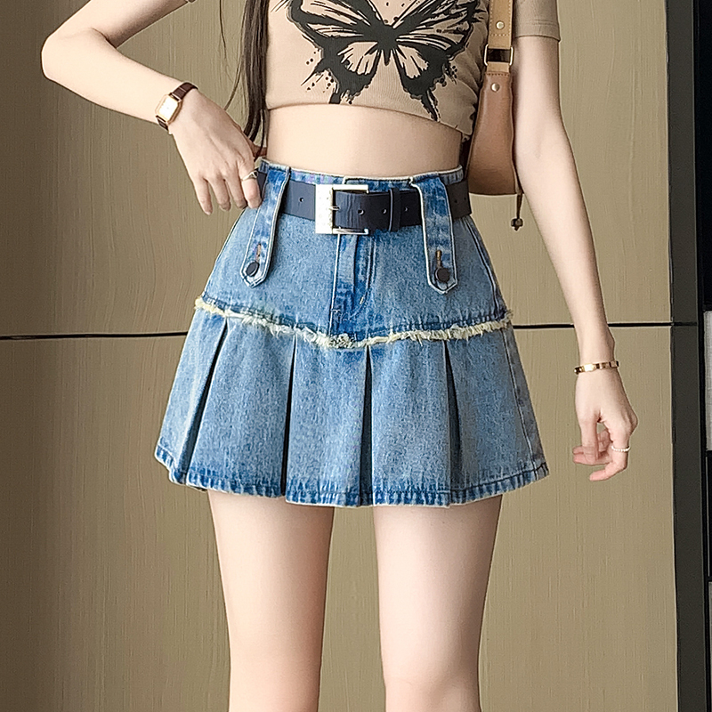 High waist pleated skirt denim short skirt