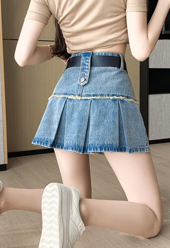 High waist pleated skirt denim short skirt