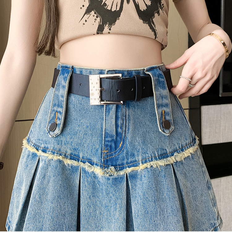 High waist pleated skirt denim short skirt