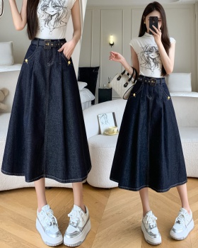 Temperament autumn belt pocket blue denim skirt for women