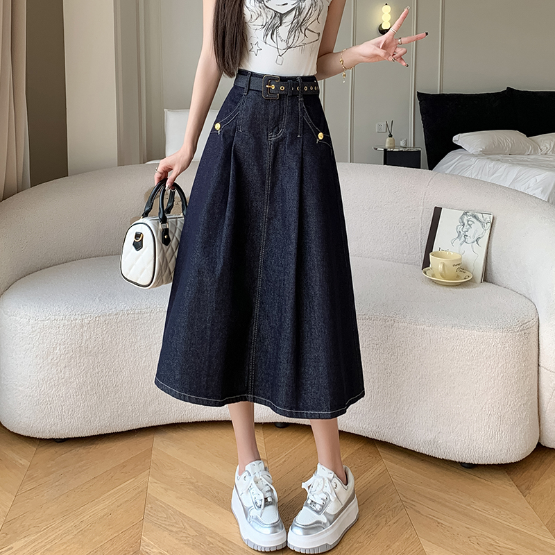 Temperament autumn belt pocket blue denim skirt for women