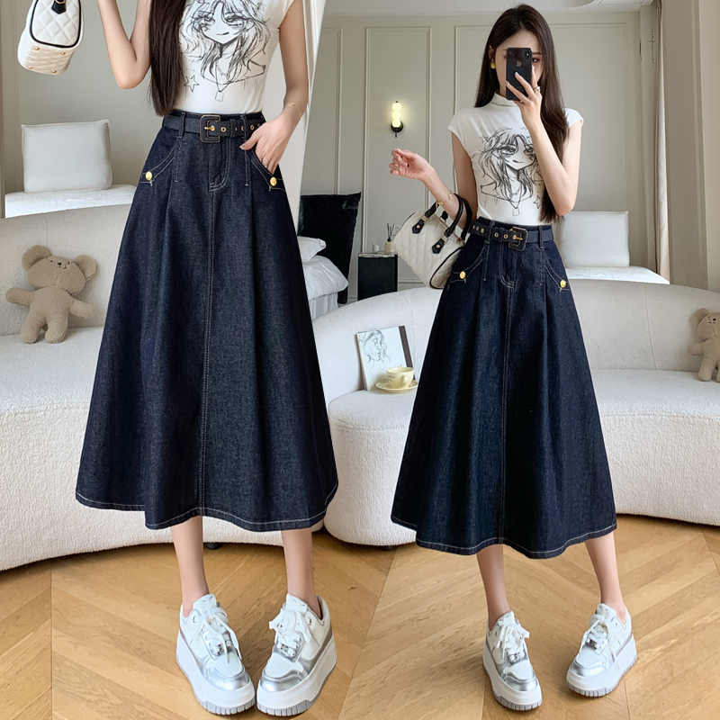 Temperament autumn belt pocket blue denim skirt for women