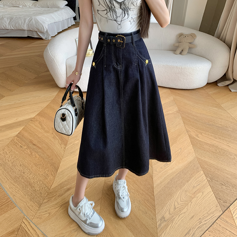 Temperament autumn belt pocket blue denim skirt for women