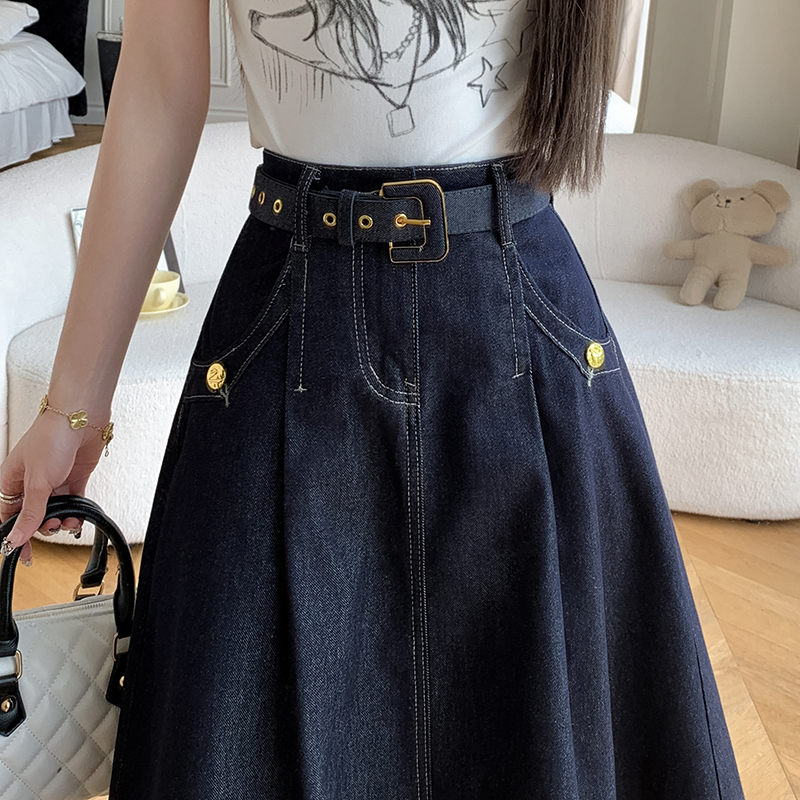 Temperament autumn belt pocket blue denim skirt for women