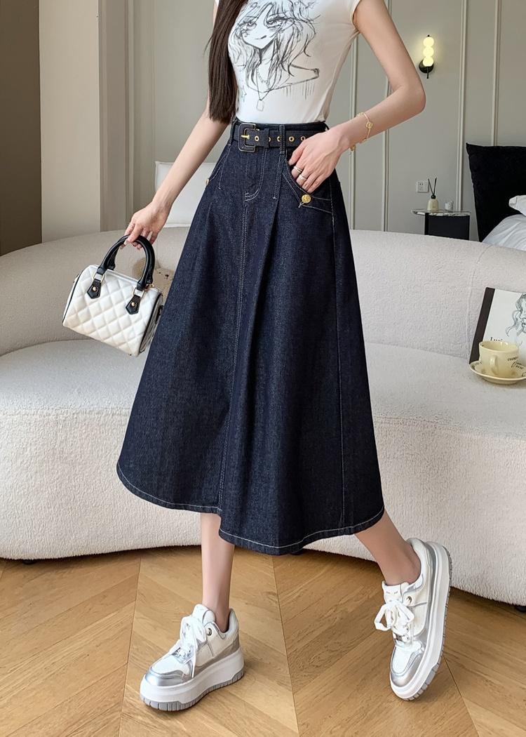 Temperament autumn belt pocket blue denim skirt for women