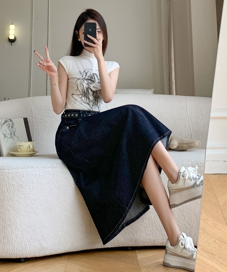 Temperament autumn belt pocket blue denim skirt for women