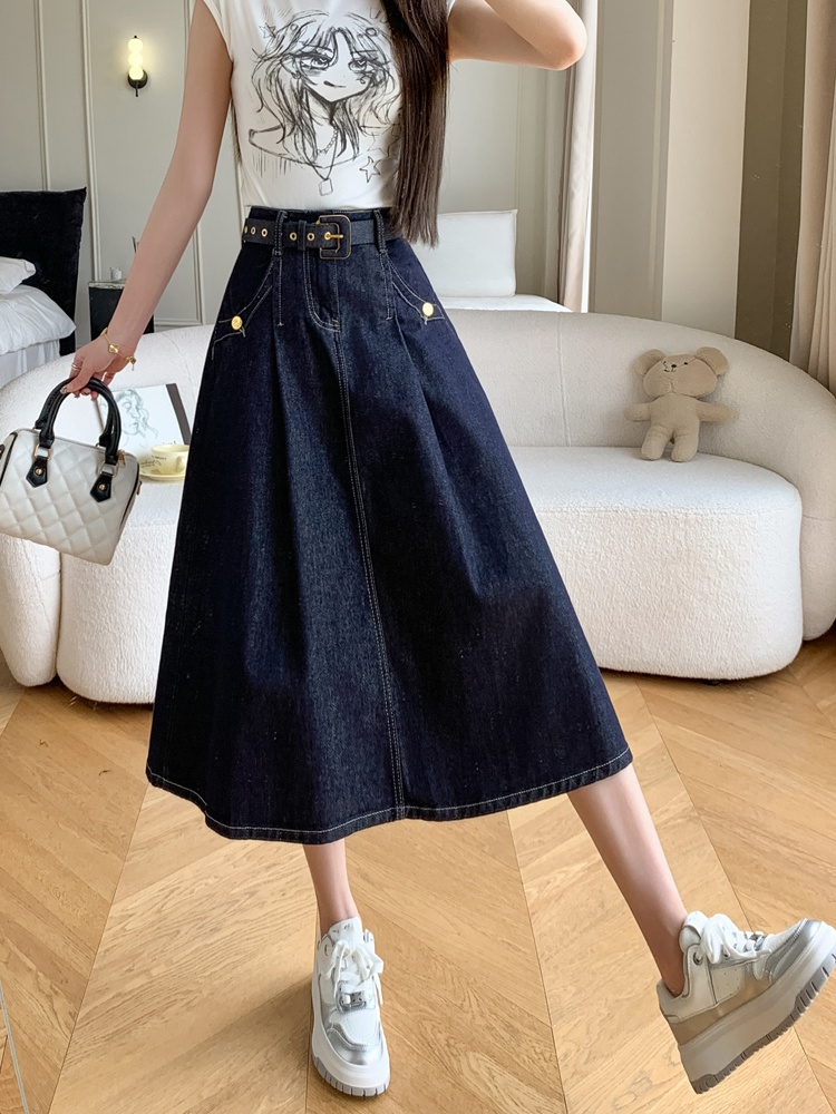 Temperament autumn belt pocket blue denim skirt for women