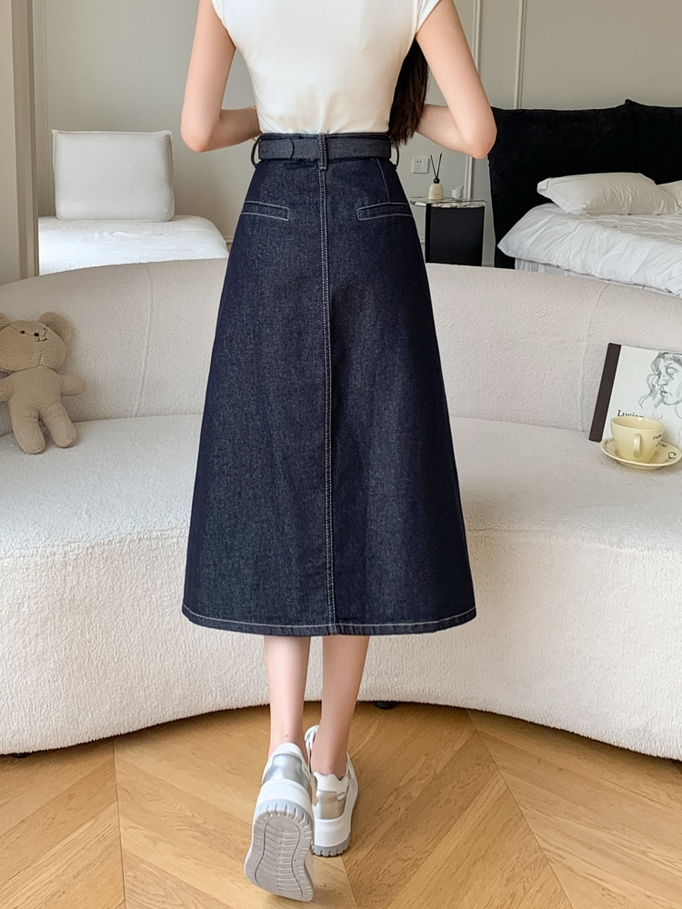 Temperament autumn belt pocket blue denim skirt for women