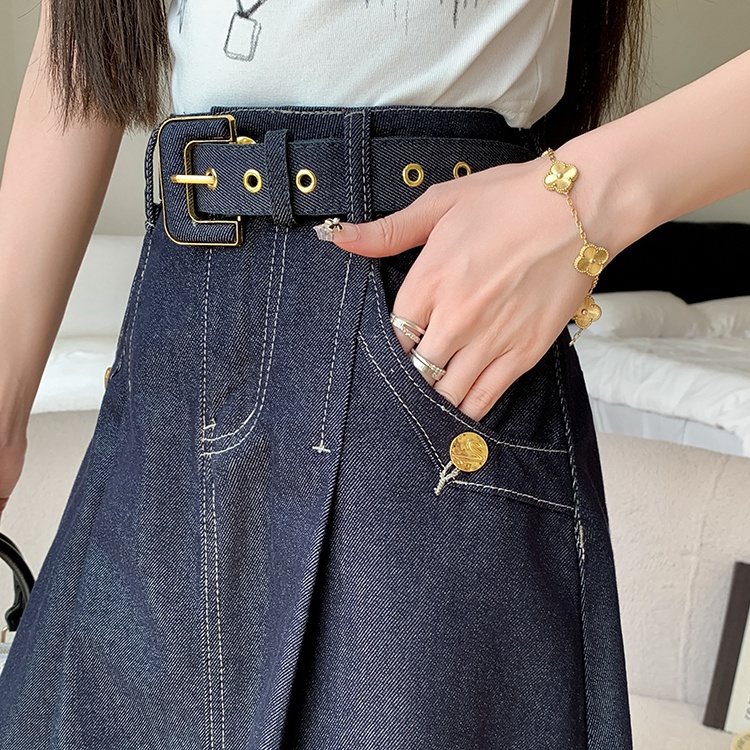 Temperament autumn belt pocket blue denim skirt for women