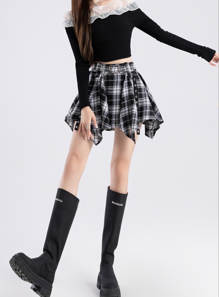 High waist pleated plaid slim A-line skirt for women