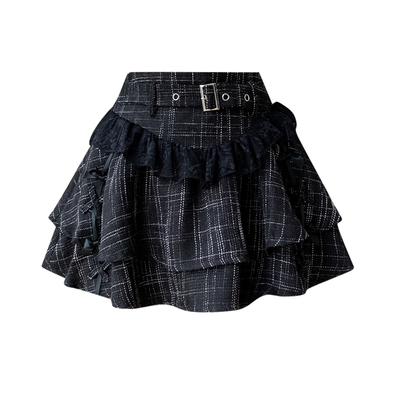 Autumn plaid spicegirl puff skirt A-line black slim short skirt