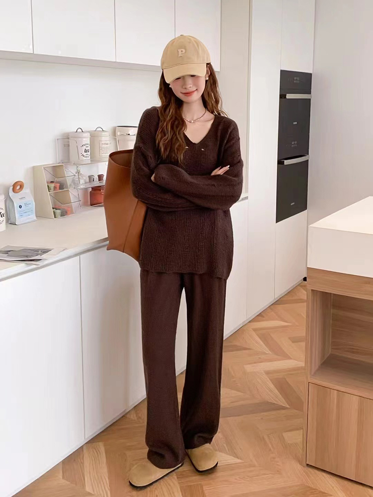 Hollow long pants temperament sweater 2pcs set