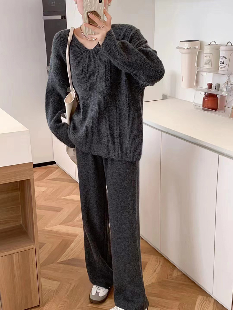 Hollow long pants temperament sweater 2pcs set