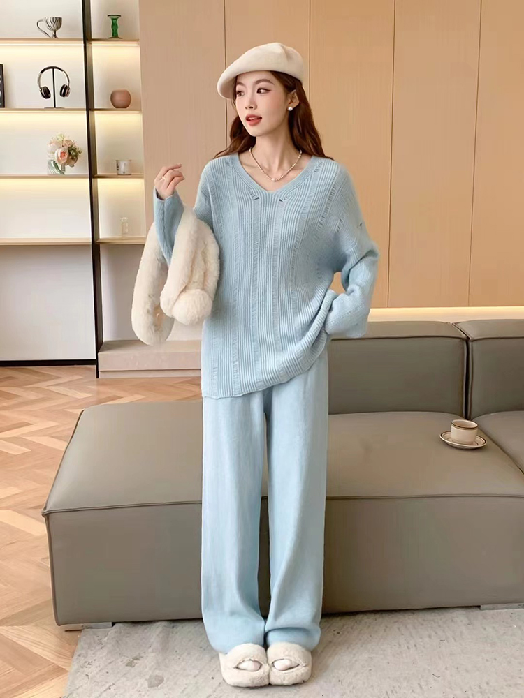 Hollow long pants temperament sweater 2pcs set