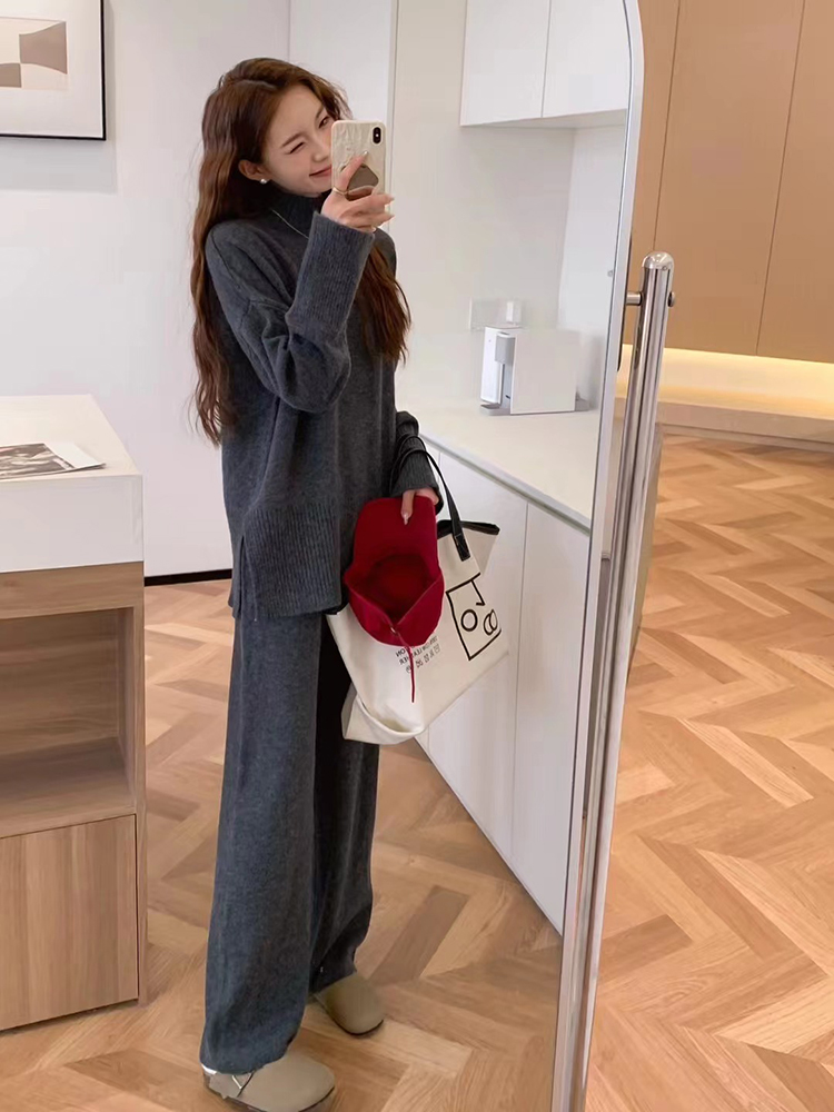 Lazy cashmere knitted pure straight pants a set