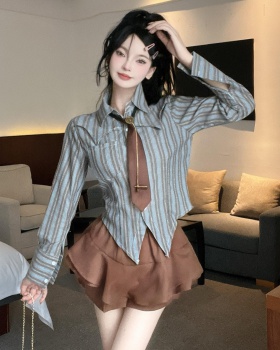 Slim stripe short skirt lapel shirt 2pcs set for women