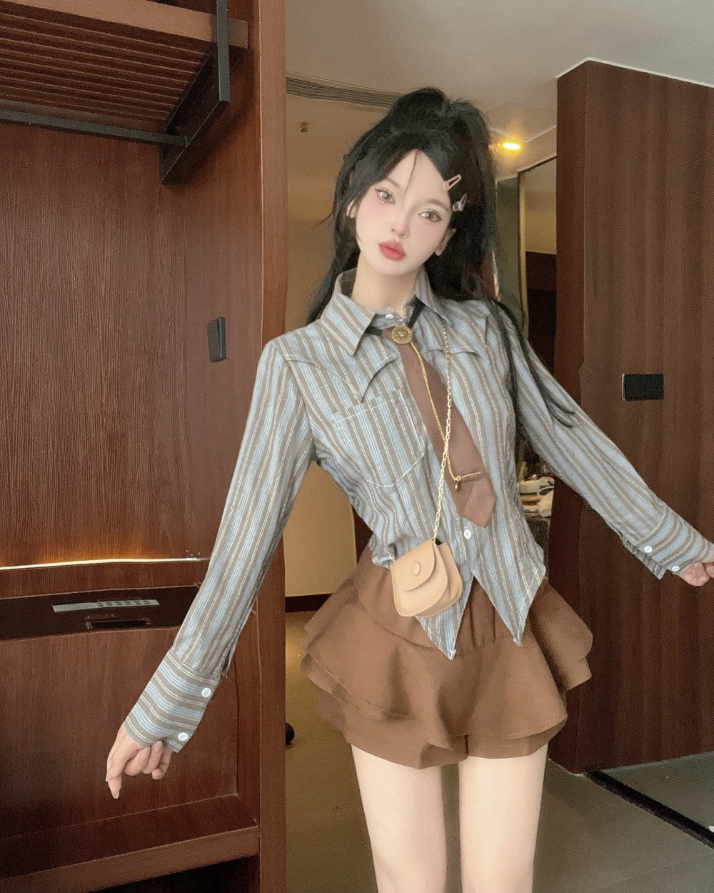 Slim stripe short skirt lapel shirt 2pcs set for women