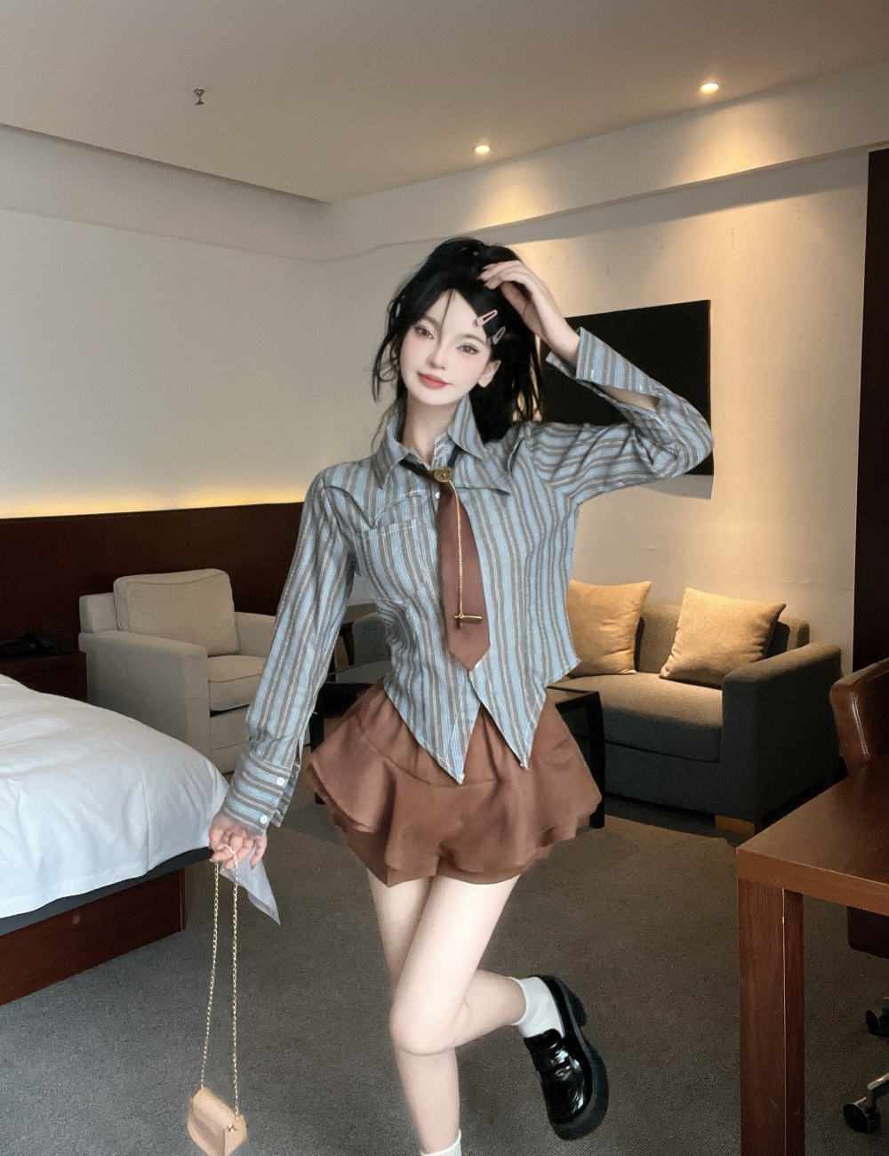 Slim stripe short skirt lapel shirt 2pcs set for women