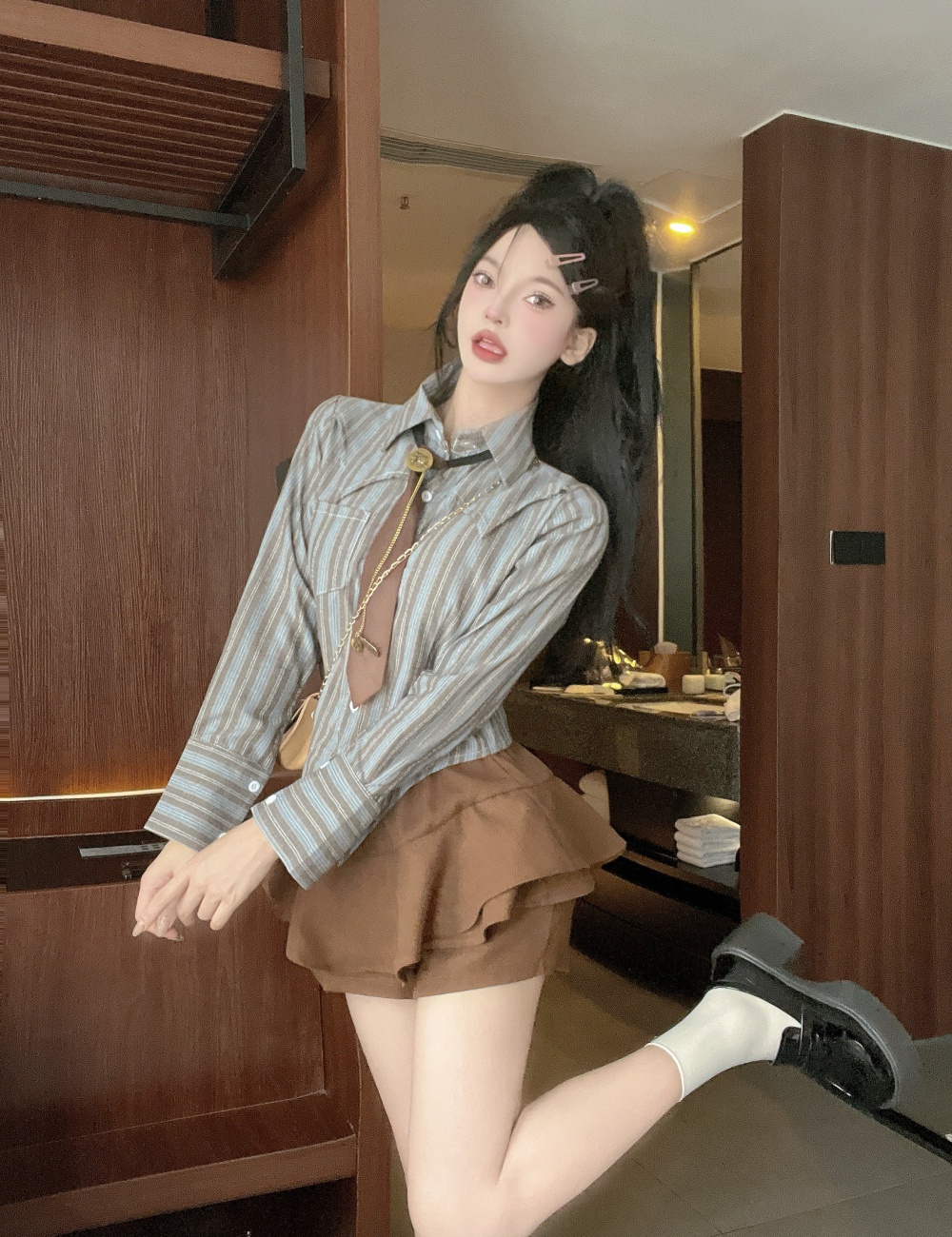 Slim stripe short skirt lapel shirt 2pcs set for women