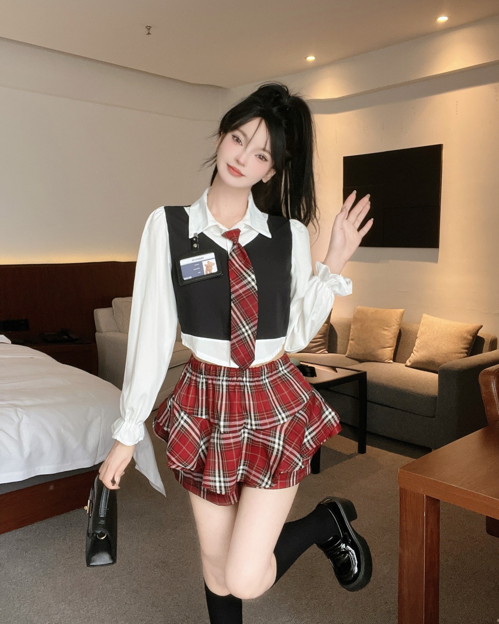 Puff sleeve skirt college style shirt a set for women