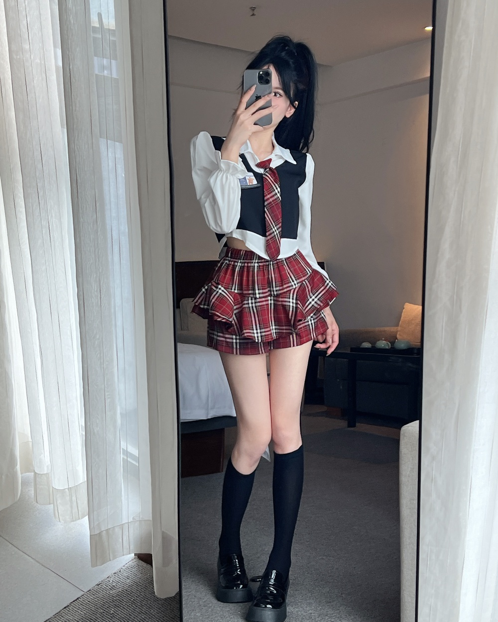 Puff sleeve skirt college style shirt a set for women