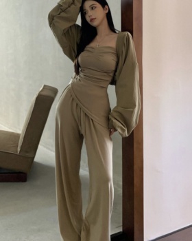 Autumn slim wide leg pants long sleeve jacket 3pcs set