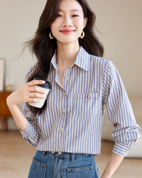 Blue Casual retro tops vertical stripes loose shirt for women