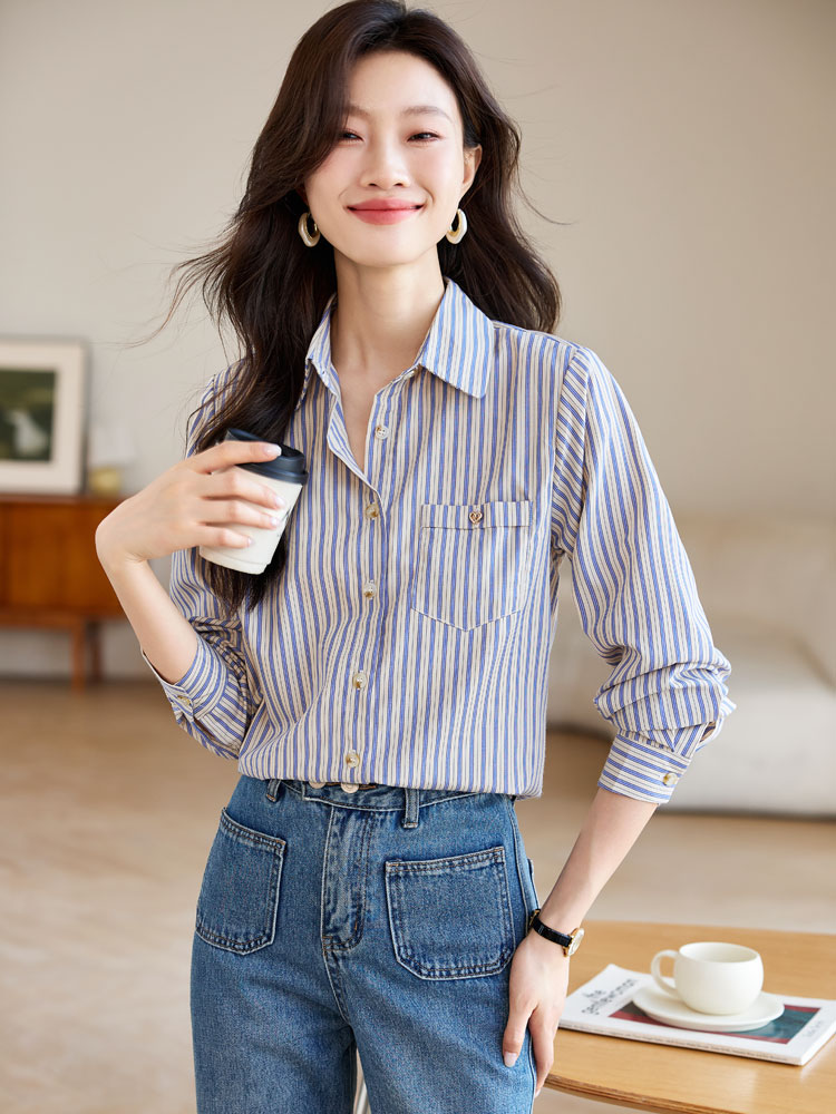 Blue Casual retro tops vertical stripes loose shirt for women