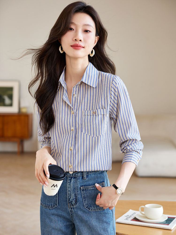 Blue Casual retro tops vertical stripes loose shirt for women