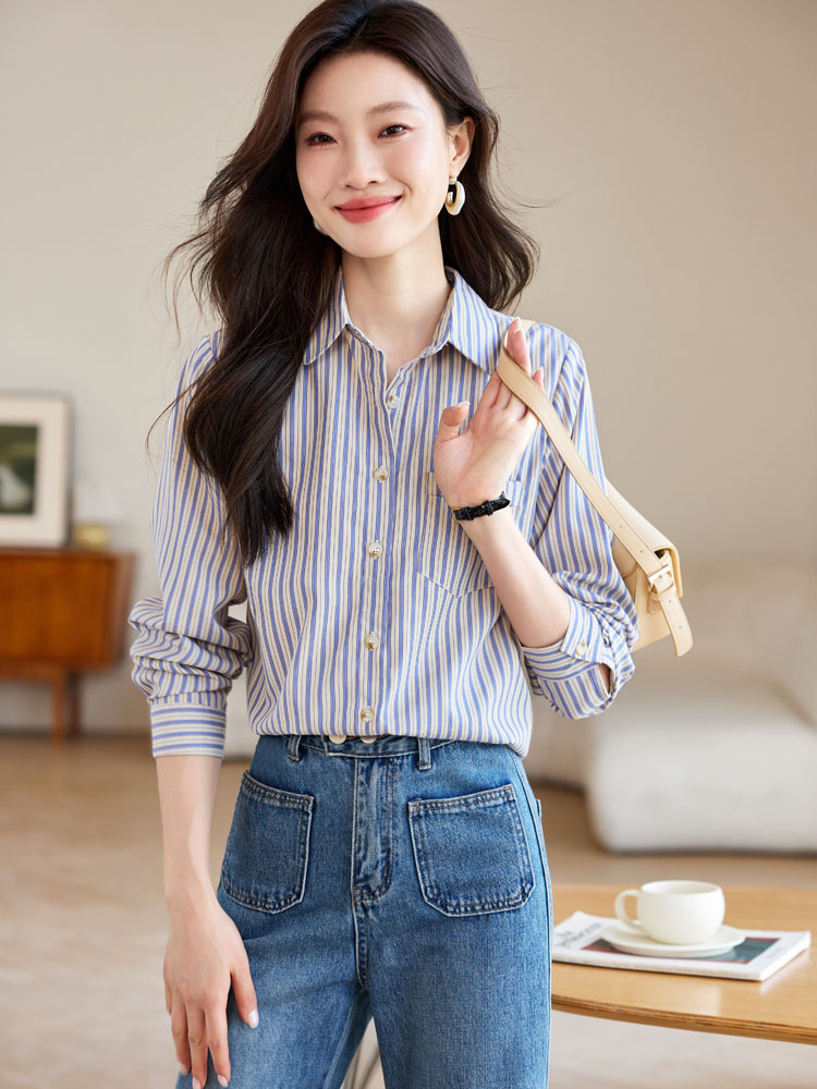 Blue Casual retro tops vertical stripes loose shirt for women