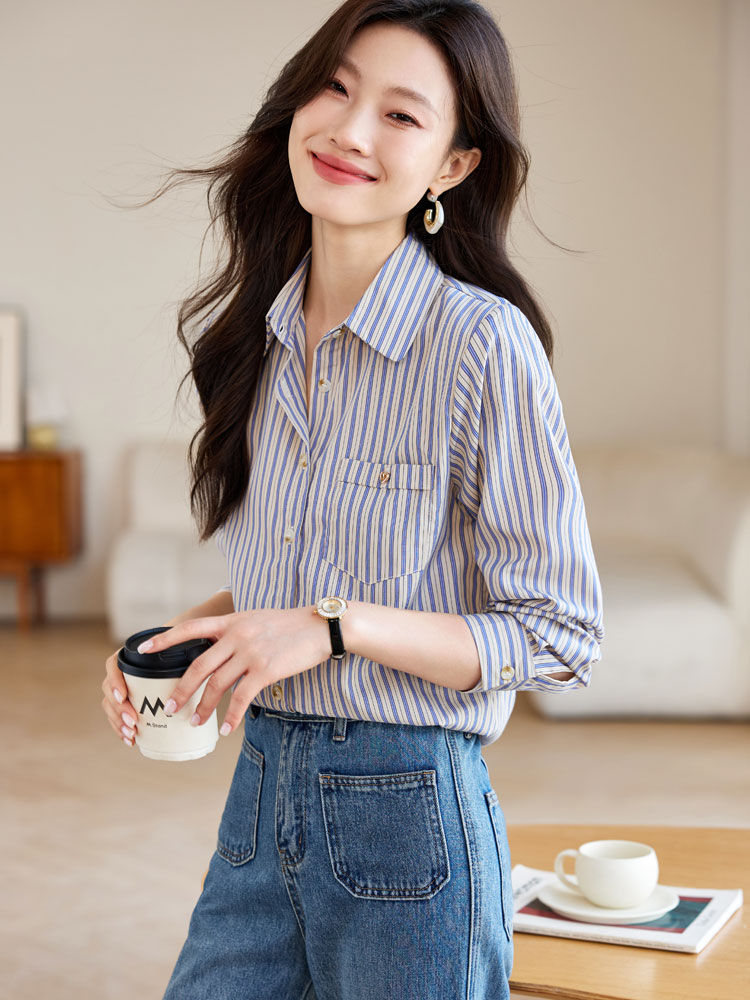 Blue Casual retro tops vertical stripes loose shirt for women