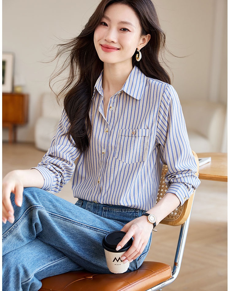 Blue Casual retro tops vertical stripes loose shirt for women