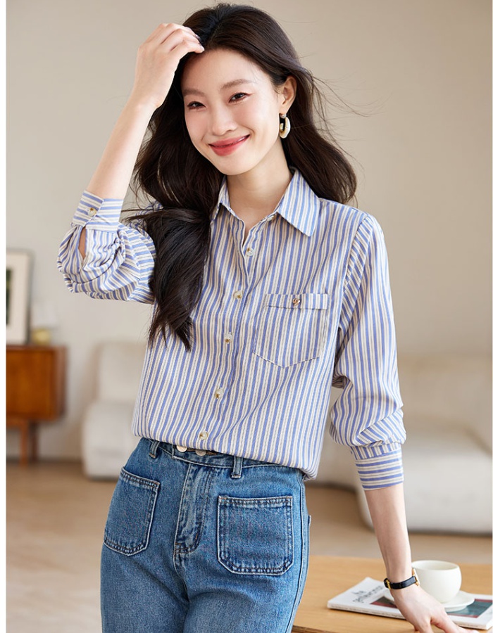 Blue Casual retro tops vertical stripes loose shirt for women