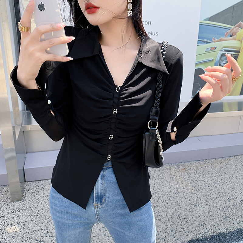 Sexy pure gauze autumn shirt collar tops for women