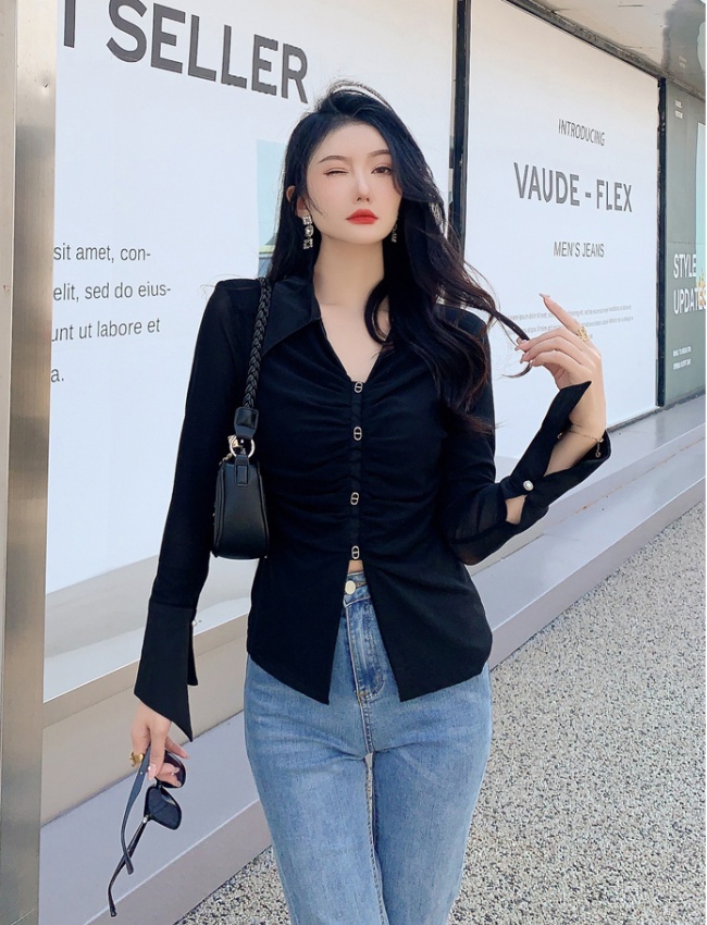 Sexy pure gauze autumn shirt collar tops for women