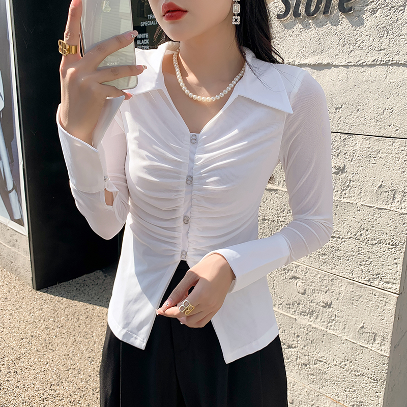 Sexy pure gauze autumn shirt collar tops for women